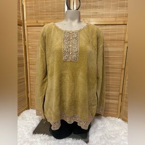 Vintage Jenny tan gold soft sweater crotchet trim long sleeve top woman’s 2X